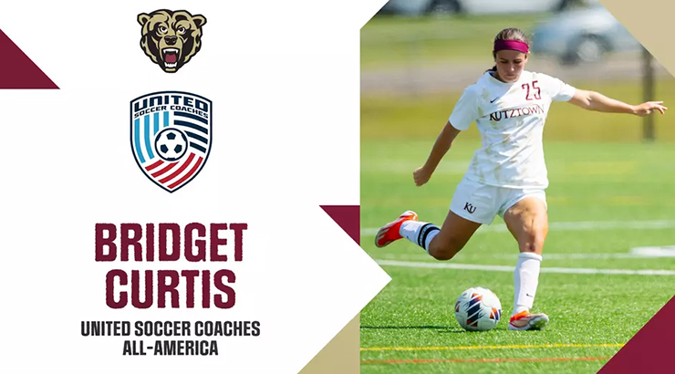 Graphic with action photo on right, and KU and soccer logos with text on the left: Bridget Curtis, United Soccer Coaches All-America