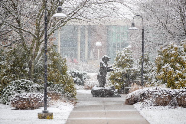 Photo of Kutztown University bronze bear sculpture in front of the library in a snow shower.