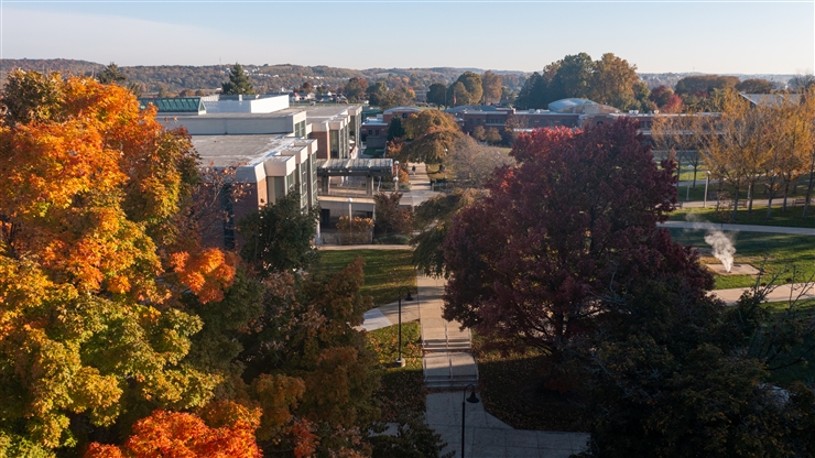 Aerial view campus fall trees