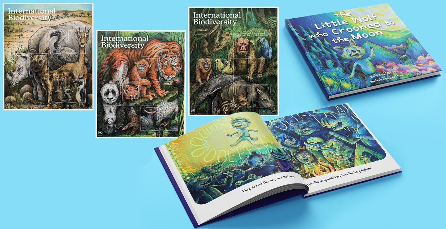 A collection of Joey Strain's artwork, including 3 illustrations of jungle animals and a children's book.