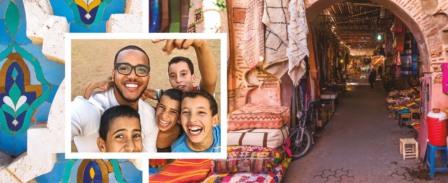Yorman De La Rosa with school children from Morocco (inset) with a background of a moroccan shopping district and artwork 