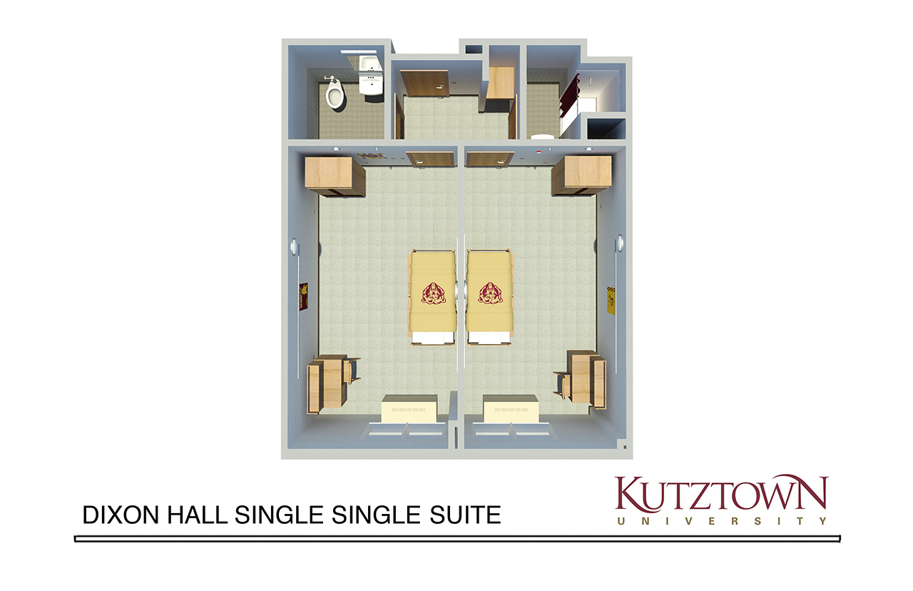 overhead map of a Dixon hall double-single, with two bathrooms and two bedrooms that each have one bed, one dresser, and one desk 