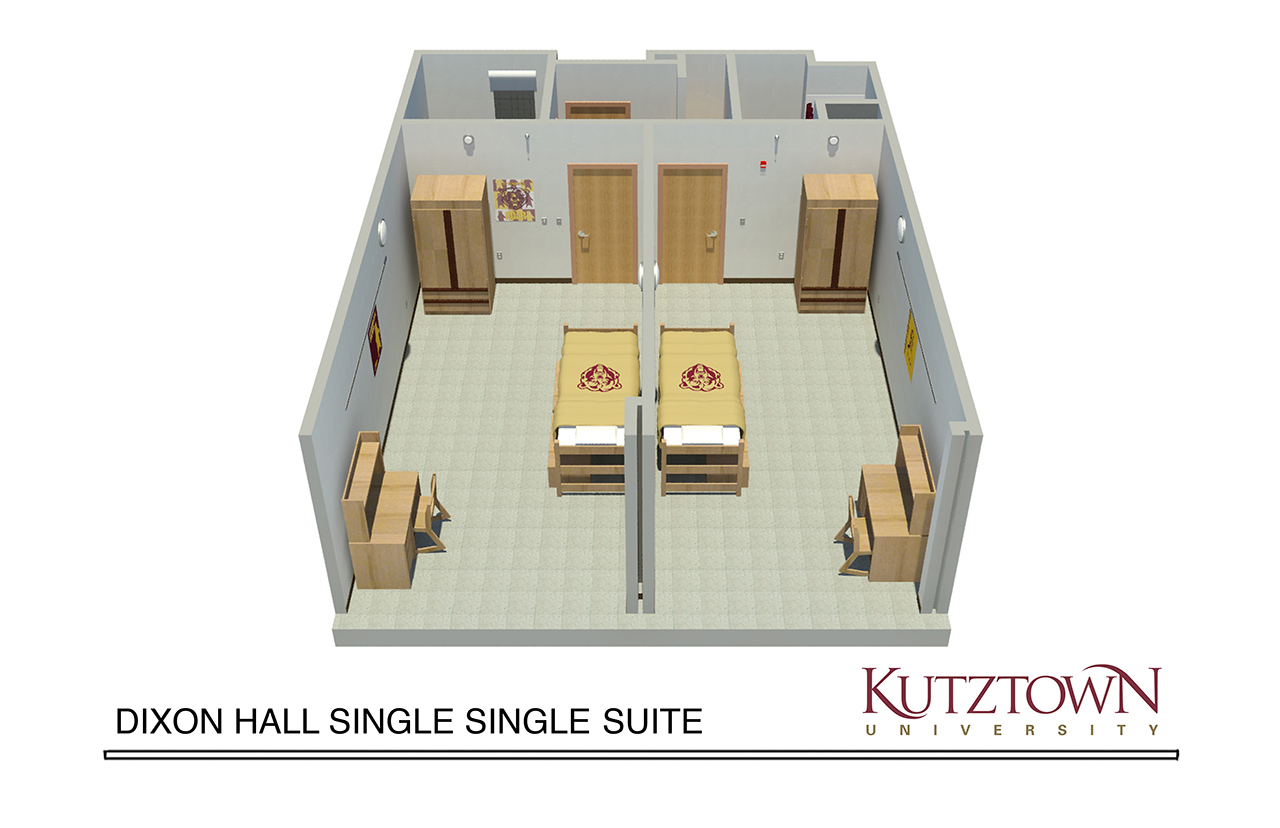Map of a Dixon hall double-single, with two bathrooms and two bedrooms that each have one bed, one dresser, and one desk