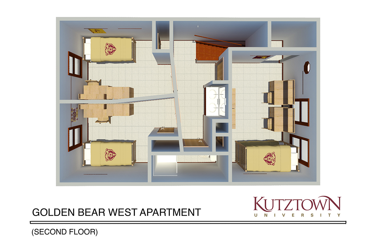 Golden bear village west apartment second (upper) level map, with two single bedrooms, one double bedroom and one large double-sized bathroom