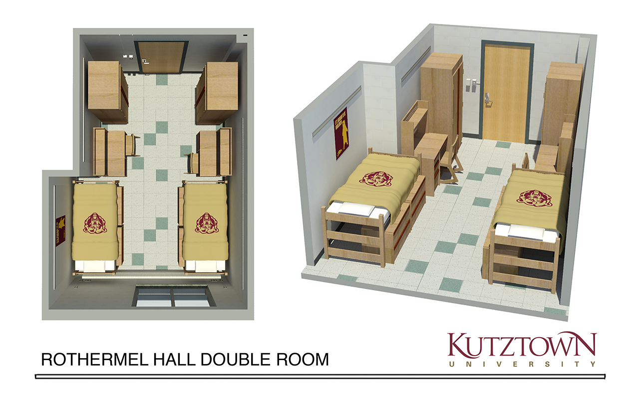 overhead and sideview (side-by-side) maps of a double dorm room in Rothermel Hall, with two beds, two dressers, and two desks
