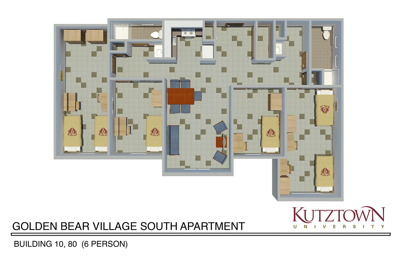 Overhead map of Golden Bear village south apartment with two double bedrooms, two single bedrooms, two bathrooms, a living area and a kitchenette  