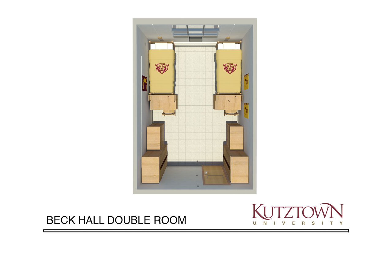 Overhead map of Beck Hall double dorm room, with two beds, two desks, and two dressers.
