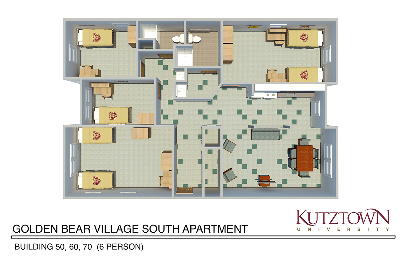 Overhead map of Golden Bear village south apartment with two double bedrooms, two single bedrooms, two bathrooms, a living area and a kitchenette  