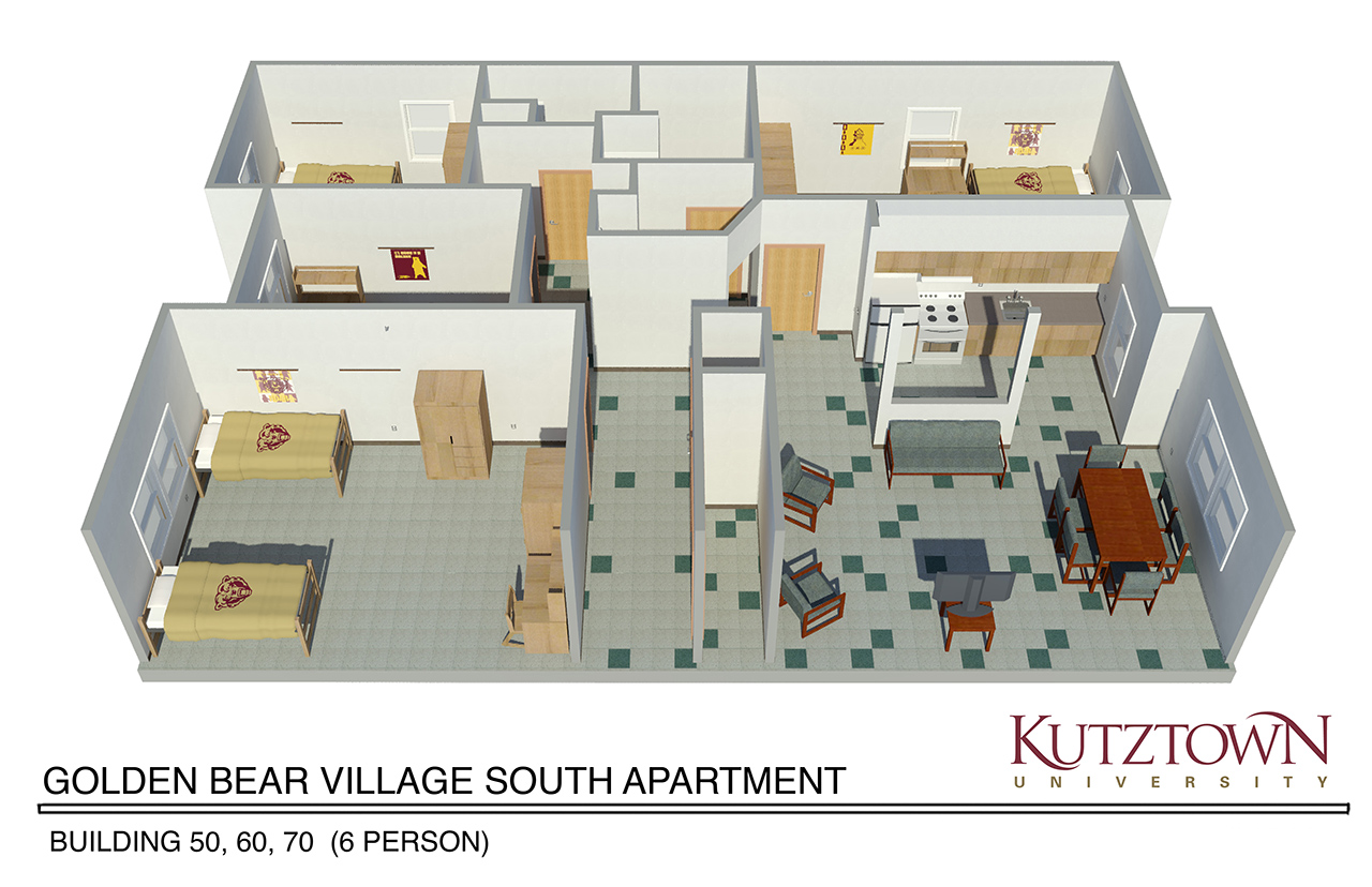 Sideview map of Golden Bear village south apartment with two double bedrooms, two single bedrooms, two bathrooms, a living area and a kitchenette  