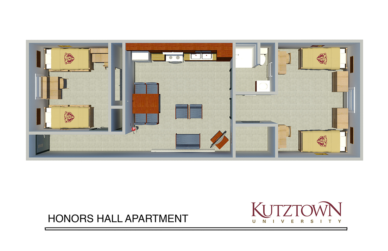 Honors Hall apartment layout map, detailing two double rooms with beds, closets and desks, and a shared space with a kitchenette and furnished living room