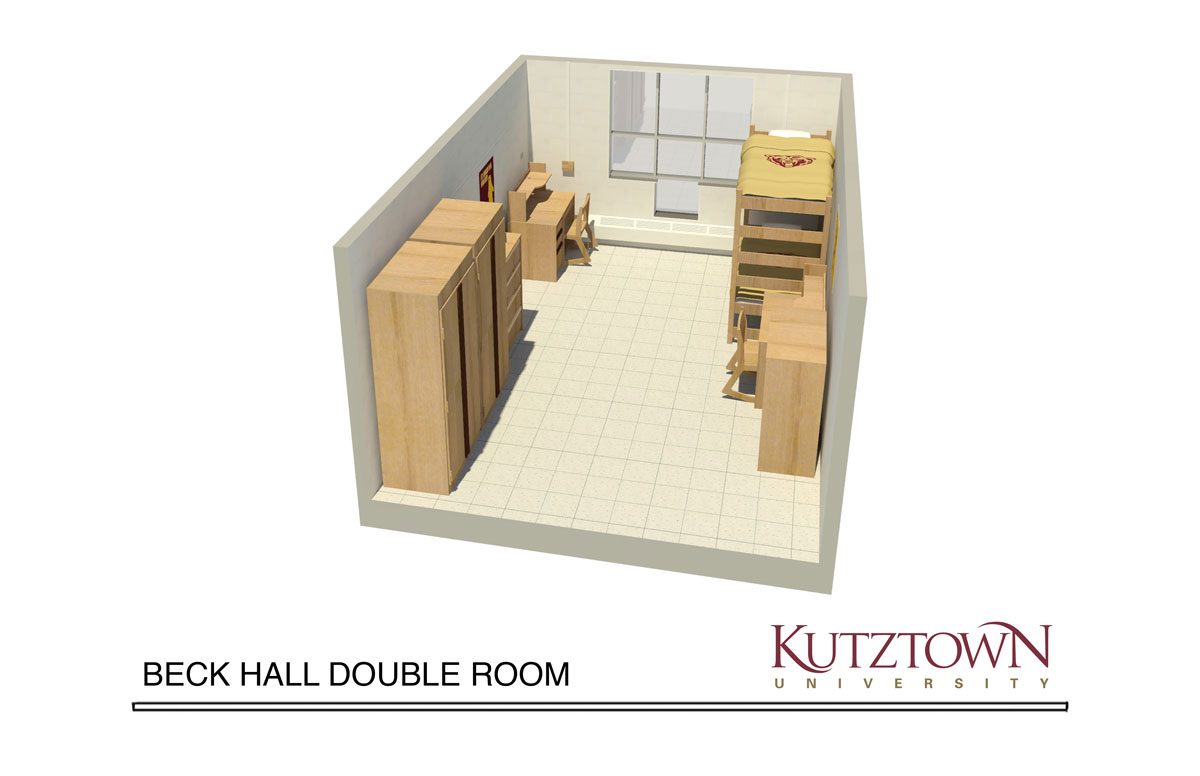 Side view of a map of a Beck Hall double dorm room, with two desks, two dressers and one bunk bed.