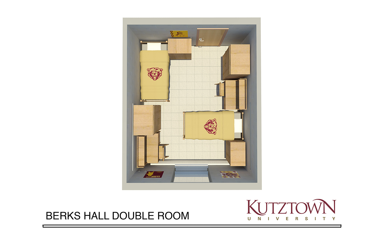 Overhead map of a Berks Hall double dorm with two beds, two dressers, and two desks