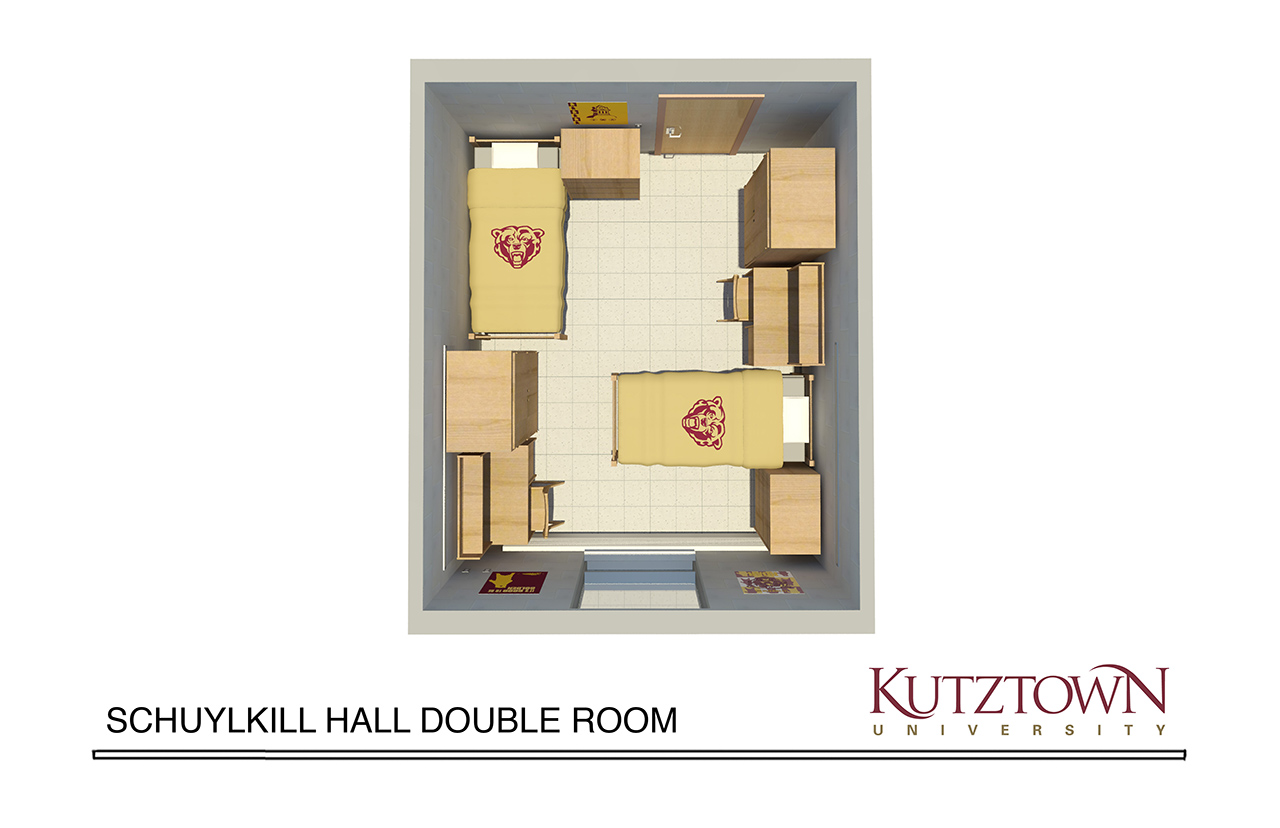 Schuylkill Hall double room outline map with two beds, two desks and two dressers