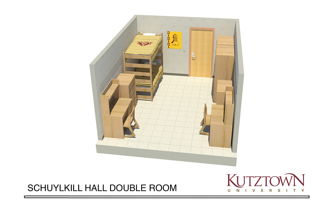 Sideview of Schuylkill Hall double room map with a bunk bed, two desks, and two dressers