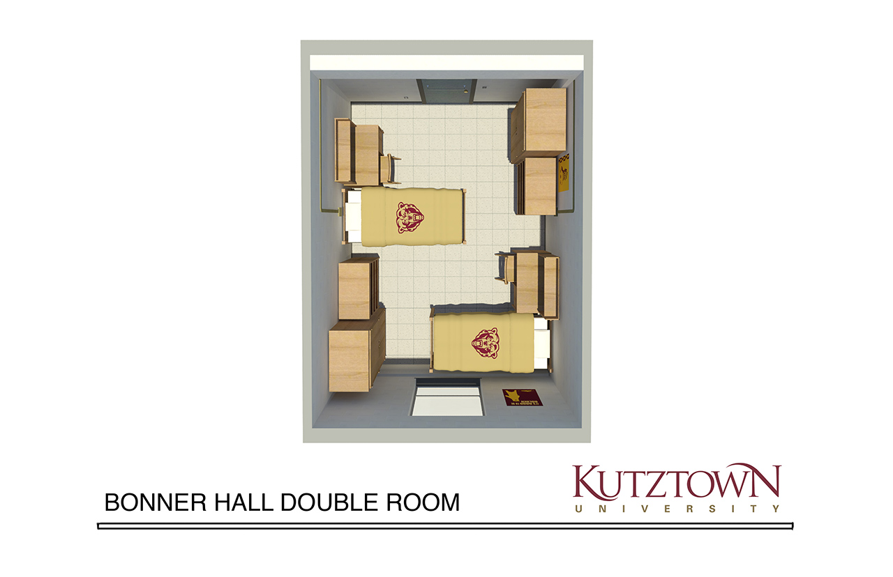 Overhead map of Bonner Hall double dorm room with two beds, two dressers and two desks 
