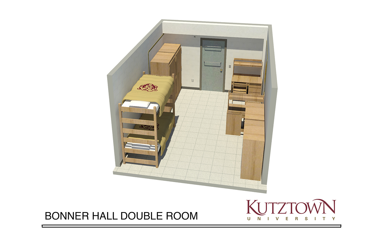 Side view map of Bonner Hall double dorm room with one bunk bed, two dressers, and two desks 