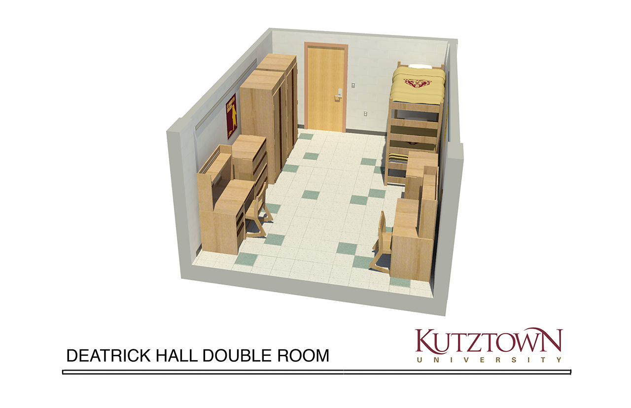 Sideview map of Deatrick hall double dorm room with two beds, two dressers, and two desks 