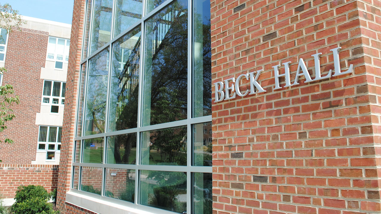 Wall on the side of beck hall that displays the building's name