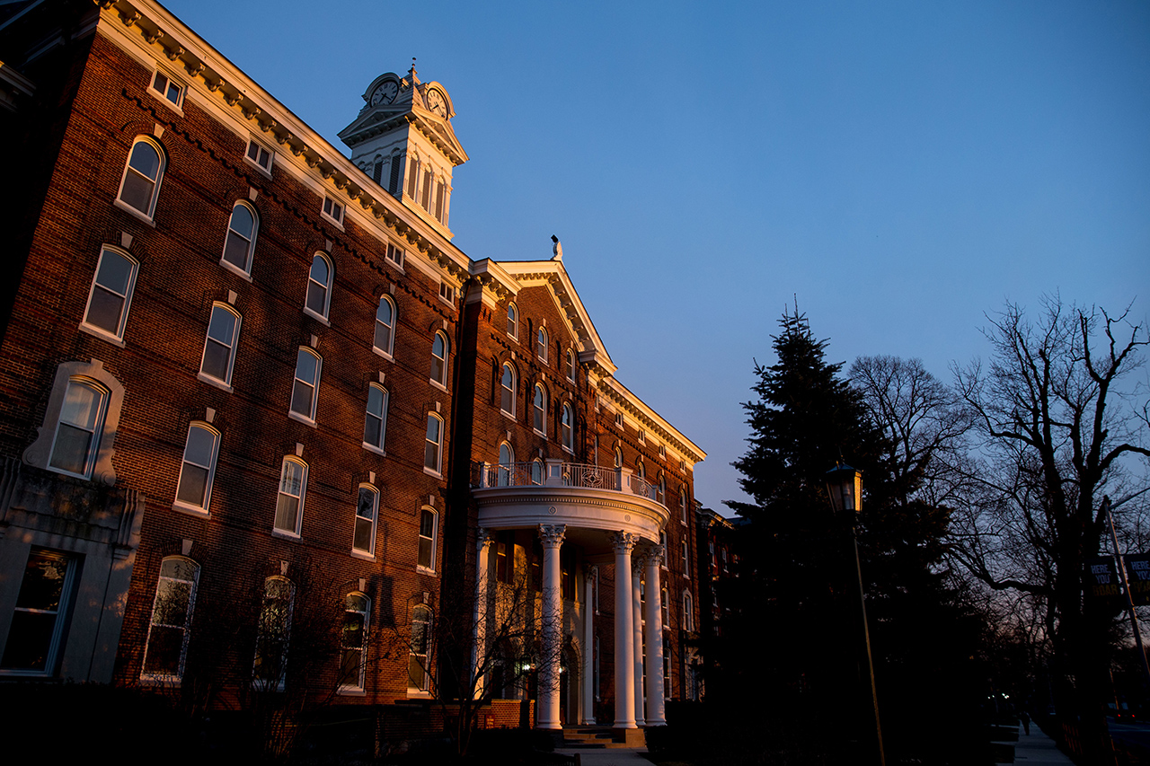 Entrance of Old Main during sunset