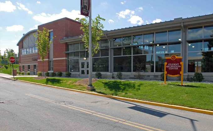 Front entrance and welcome sign to the student recreation center 