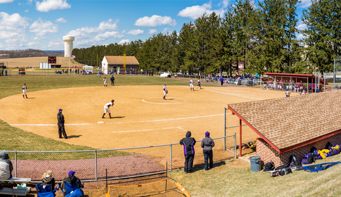 Wide shot of the softball field during a game