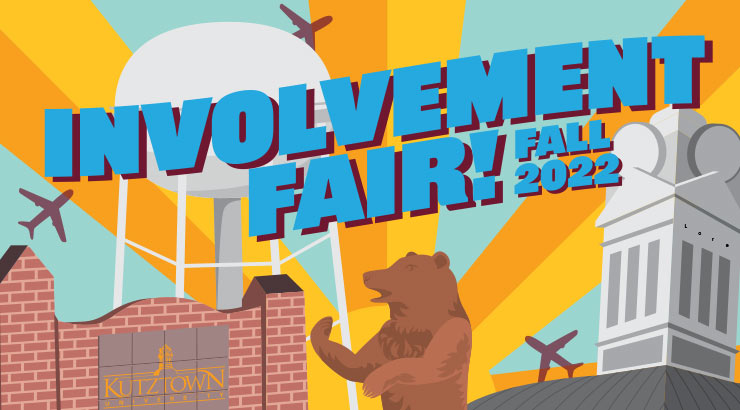 Kutztown University Involvement Fair Image of illustration of a bear, old main, and campus sign with the words "Involvement Fair Fall 2022"