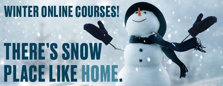 Picture of a snowman with the words winter online courses! There's snow place like home.