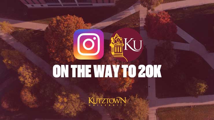 Instagram and KU logos over the text "On the way to 20k" and the Kutztown University tower logo, the background image is an overhead view of the campus walkways and trees.