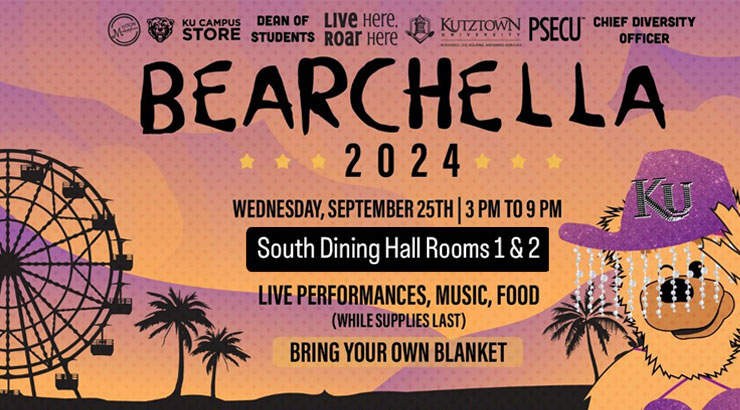 Poster promoting Bearchella, includes names of sponsors (Dixon Marketplace, KU Campus Store, Dean of Students, Liive Here Roar Here, Housing, Residence Life and Dining, PSECU, Chief Diversity Officer. Bearchella 2024, Wednesday, September 25th, 3pm to 9pm, South Dining Hall Rooms 1 & 2, Live performances, Music, Food (While Supplies last) Bring your own blanket. Graphics in the ackground include a ferris wheel and avalance the golden bear in festival wear.