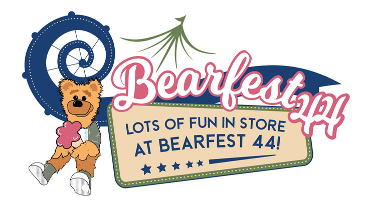 Bearfest logo for 2023. Text reads "Bearfest 44, lots of fun in store at Bearfest 44!" graphic also includes Avalanche holding cotton candy, with a blue spiral graphic and green top of a circus tent behind him. 