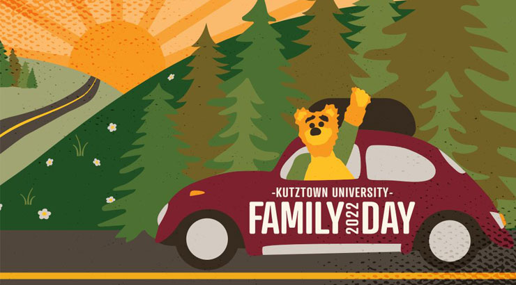 Kutztown University Family Day Cartoon Image of Avalanche Bear Waving from Car Window. Words :Kutztown University Family Day 2022" Written on Side of Car