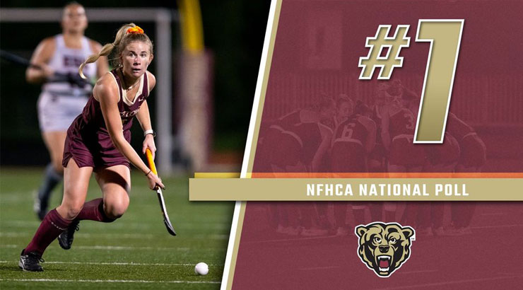 Split picture - one half of Kutztown field Hockey player about to hit the ball, the second half is maroon background image of Field Hockey team with large gold "#1", gold banner "NFHCA National Poll", and KU Bear head