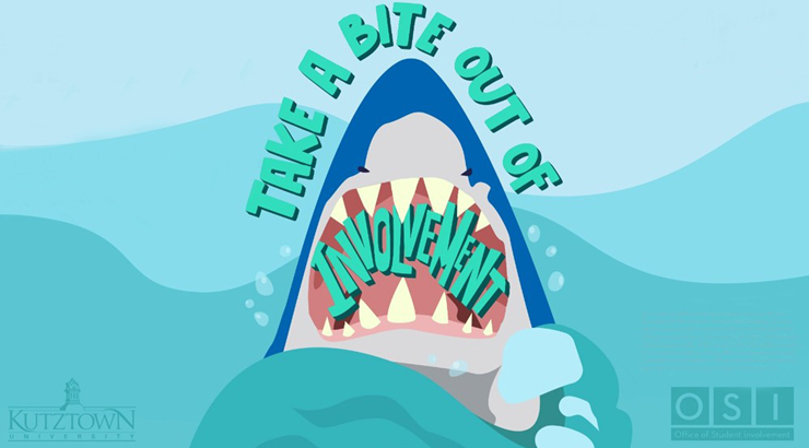 A graphic promoting the involvement fair. It has a shark on it that reads "TAKE A BITE  OUT OF INVOLVEMENT"..