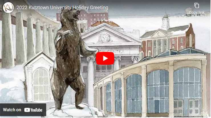 Image of Celia Grant's illustration of KU's campus for the president's holiday greeting. drawing of bronze bear in the center surrounded by Sheridan building, Graduate Center, Old Main, Academic Forum (top left to bottom right)