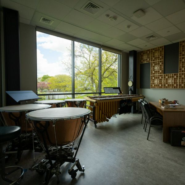 Room inside of Wells-Rapp Center with instruments and a desk