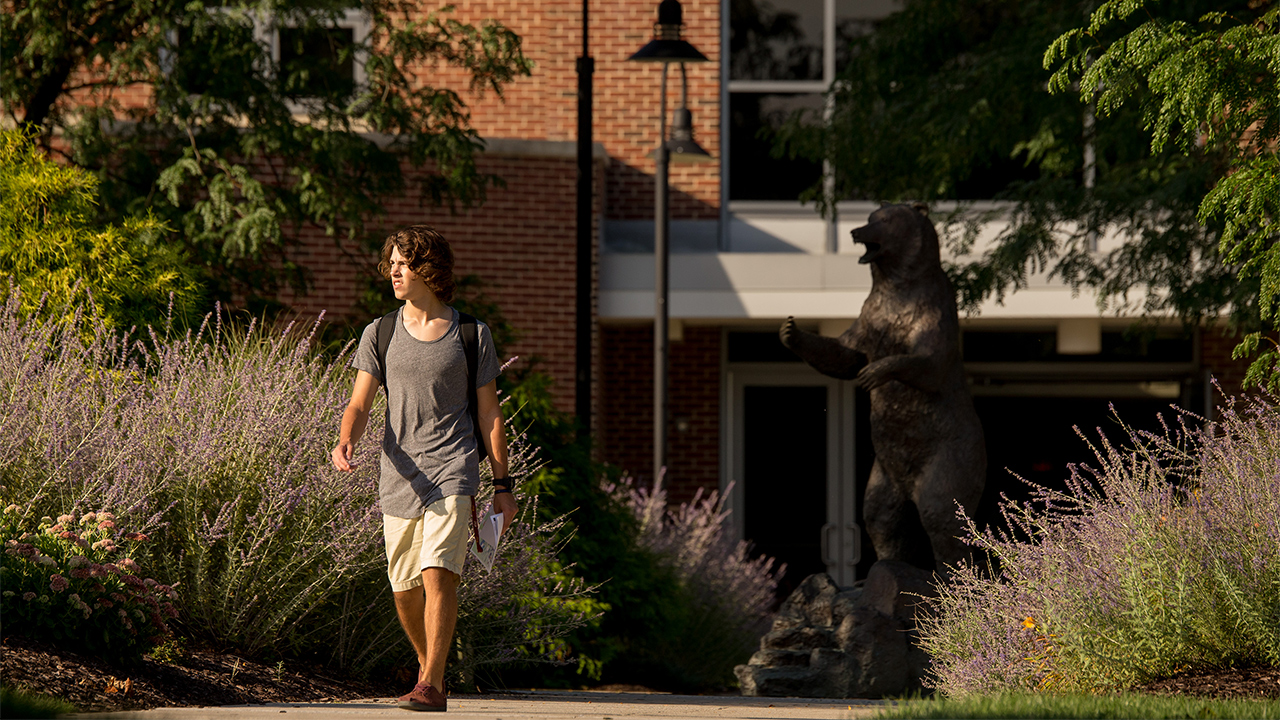 a student walking next to the bear statue