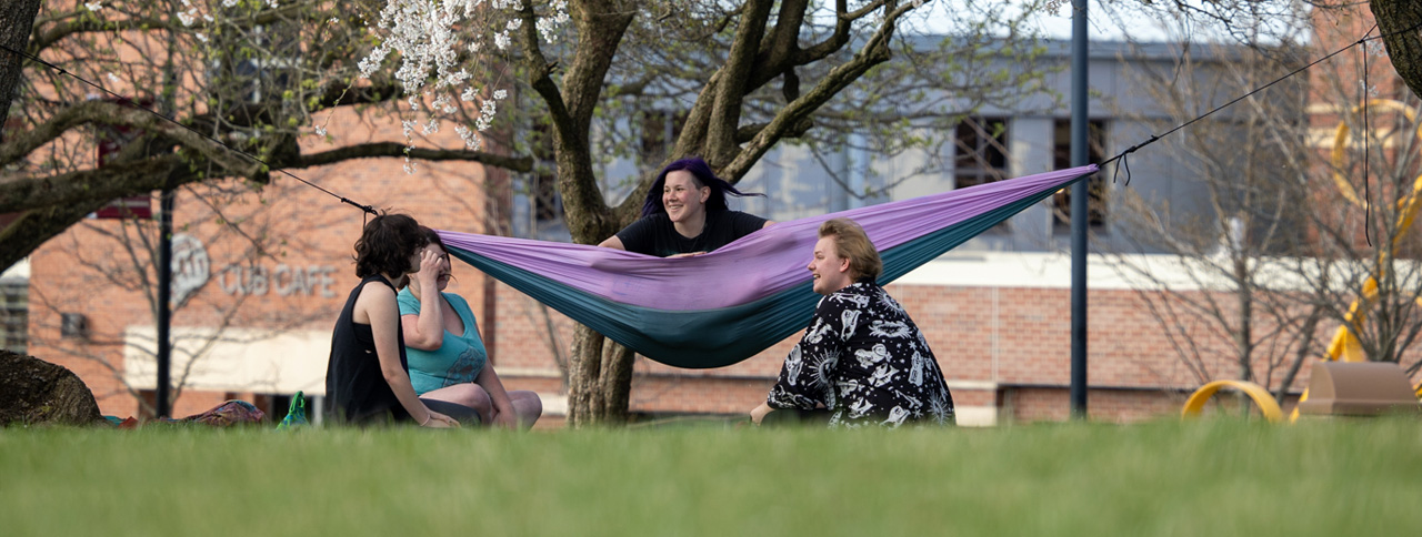 KU students pursuing sociology degree hanging out with friends in grassy area.