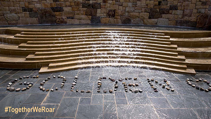 photo of the large fountain on alumni plaza with the word golden and a heart formed with rocks in the water