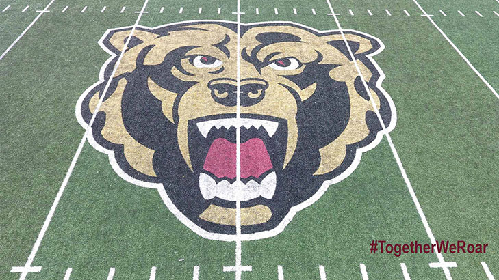 The golden bears athletics logo painted on the field of the football stadium