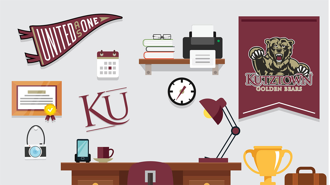 United as One represented in an illustration of a typical office setup with desk, lamp, shelf, and various wall decorations of KU branding