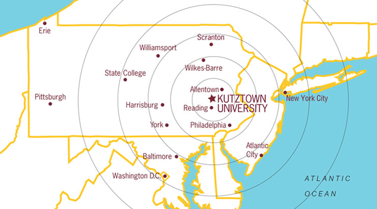 a map of the region surrounding Kutztown, showing the major cities and relative distance by showing increasingly distant circles around Kutztown in the center.