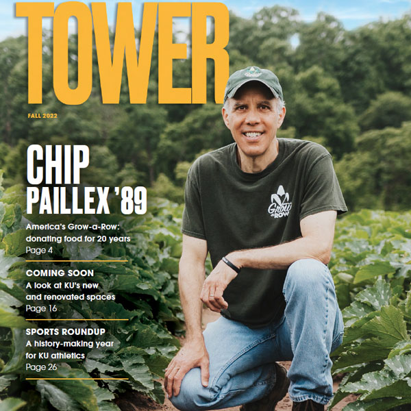 Cover of latest tower magazine, shows smiling graduate, with tower logo and story titles.